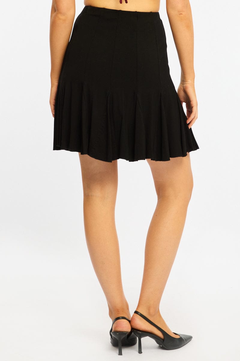 Black Midi Skirt Elastic Waist Knee Length Brushed Lined for Ally Fashion
