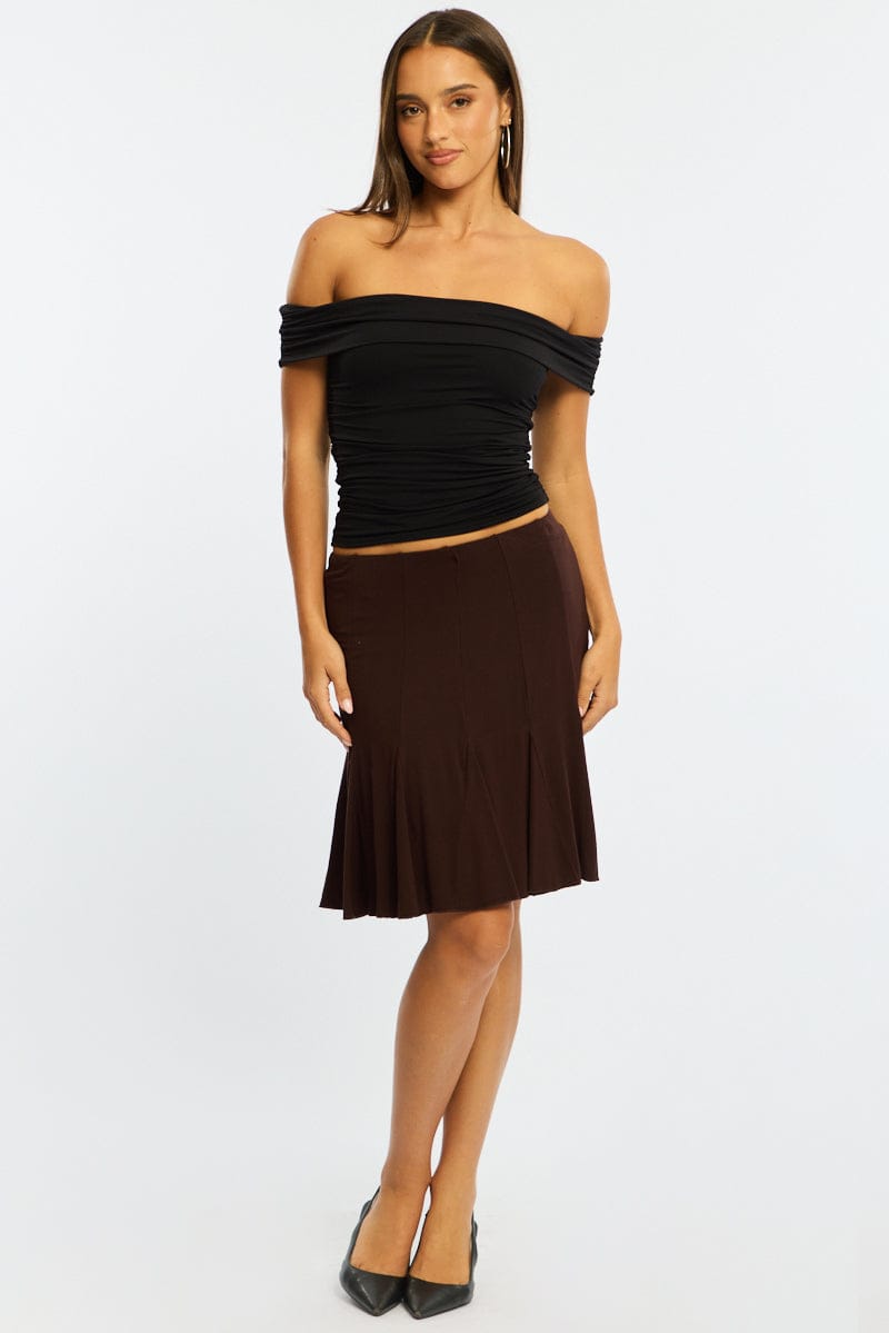 Brown Midi Skirt Elastic Waist Knee Length Brushed Lined for Ally Fashion
