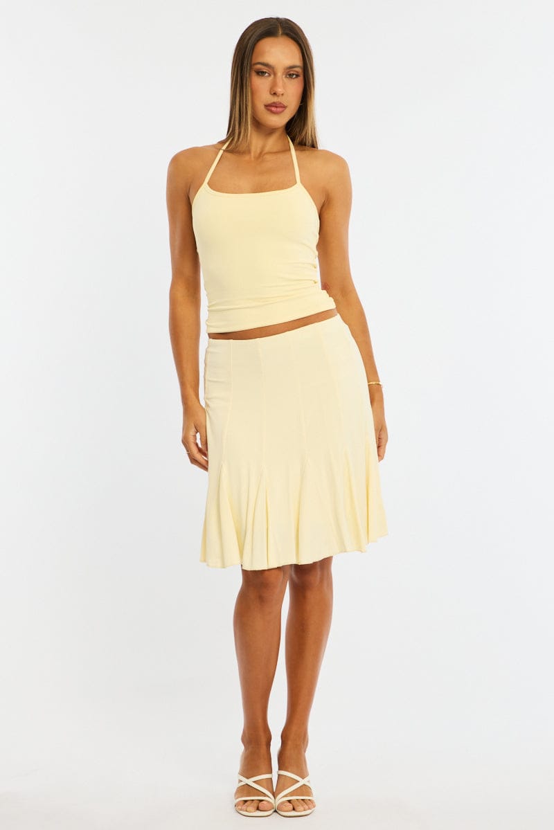 Yellow Midi Skirt Elastic Waist Knee Length Brushed Lined for Ally Fashion