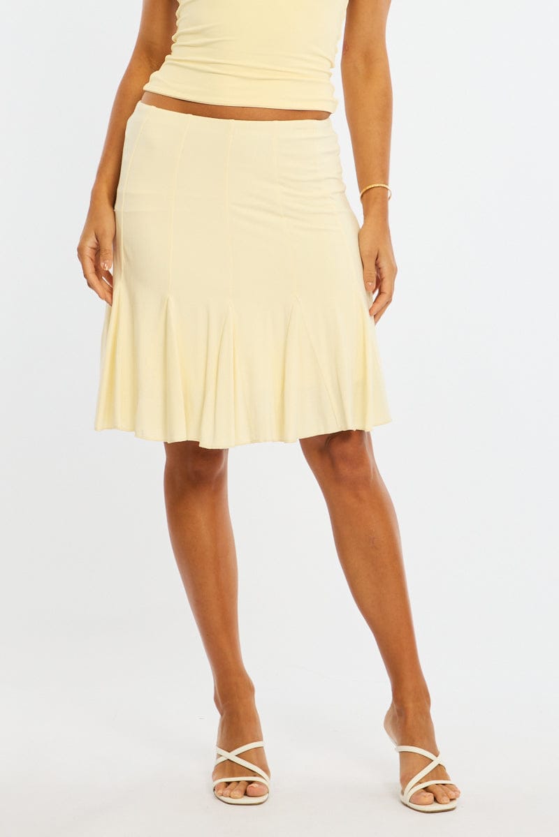 Yellow Midi Skirt Elastic Waist Knee Length Brushed Lined for Ally Fashion