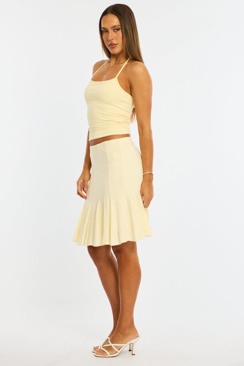 Yellow Midi Skirt Elastic Waist Knee Length Brushed Lined for Ally Fashion