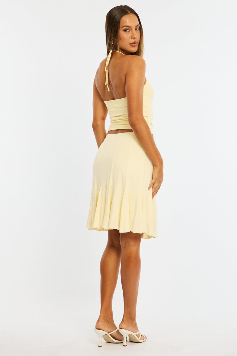 Yellow Midi Skirt Elastic Waist Knee Length Brushed Lined for Ally Fashion