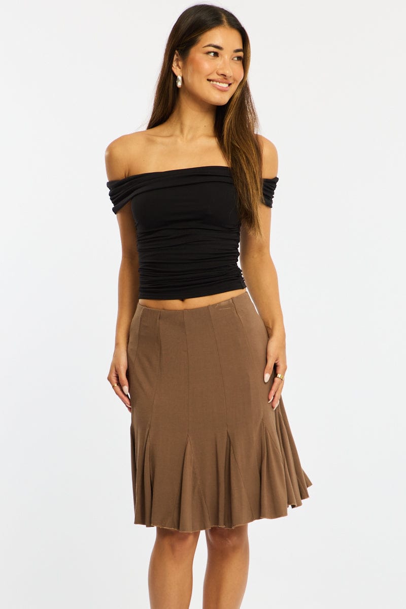 Brown Midi Skirt Elastic Waist Knee Length Brushed Lined for Ally Fashion