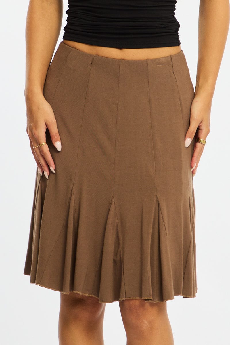 Brown Midi Skirt Elastic Waist Knee Length Brushed Lined for Ally Fashion