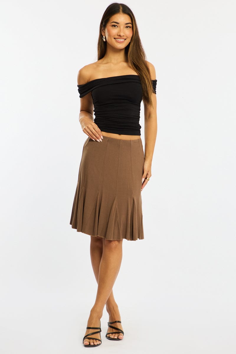 Brown Midi Skirt Elastic Waist Knee Length Brushed Lined for Ally Fashion