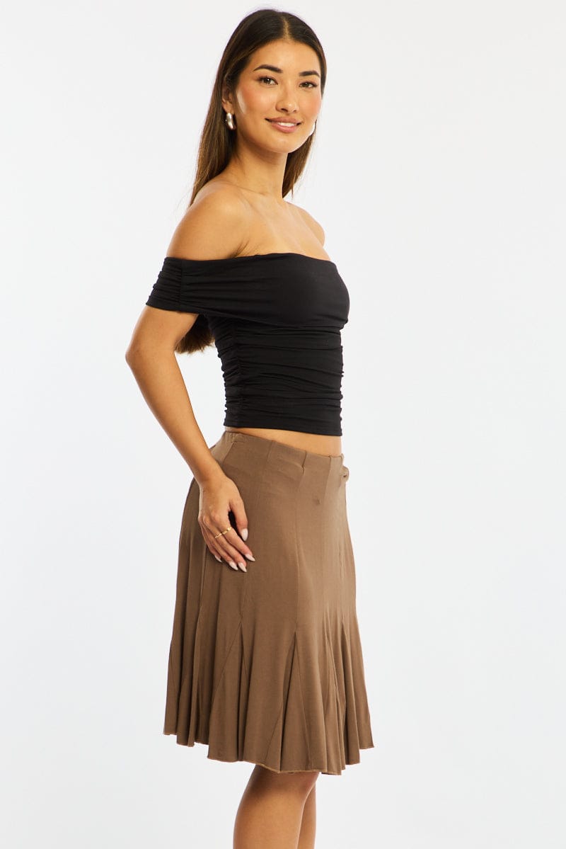 Brown Midi Skirt Elastic Waist Knee Length Brushed Lined for Ally Fashion