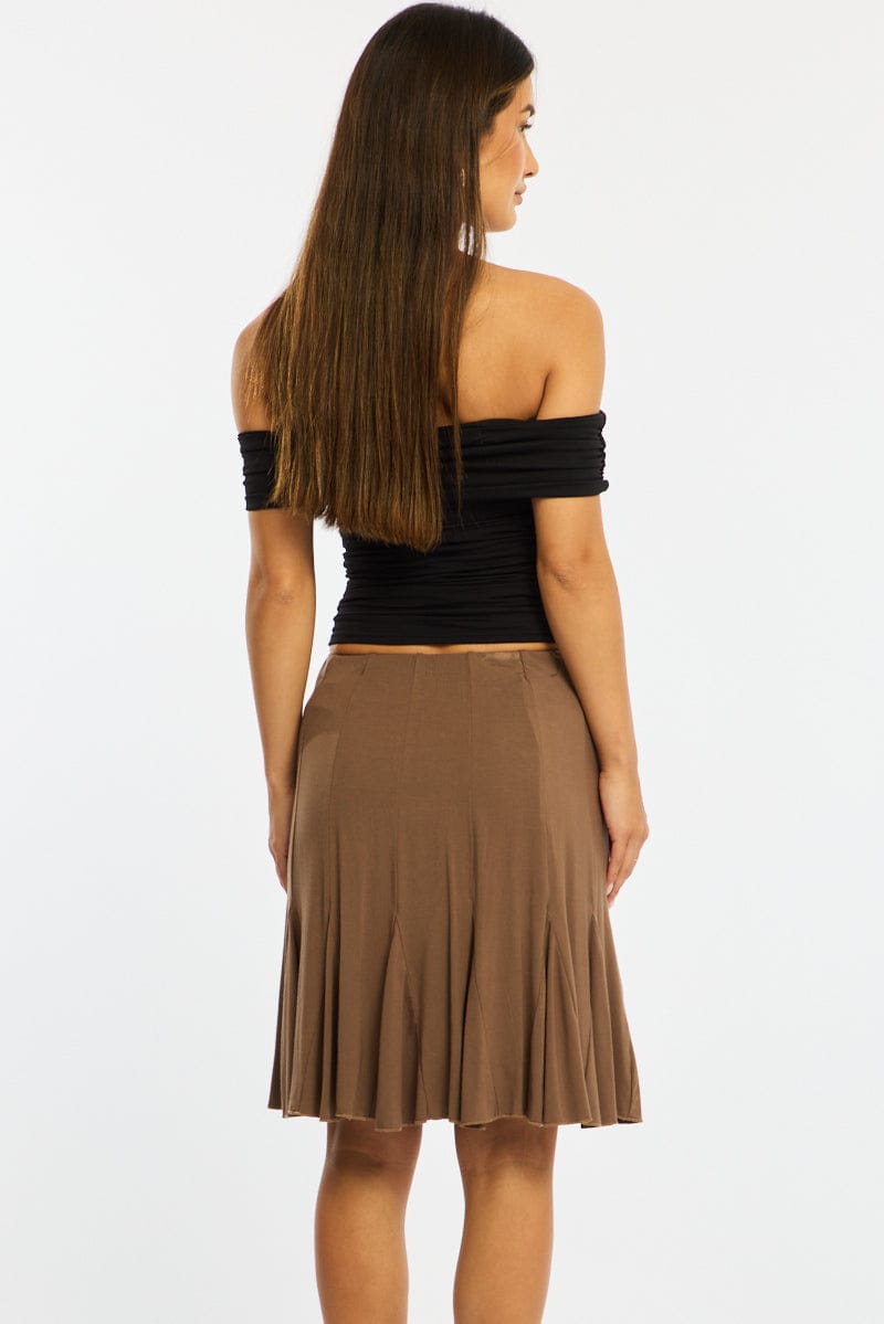 Brown Midi Skirt Elastic Waist Knee Length Brushed Lined for Ally Fashion