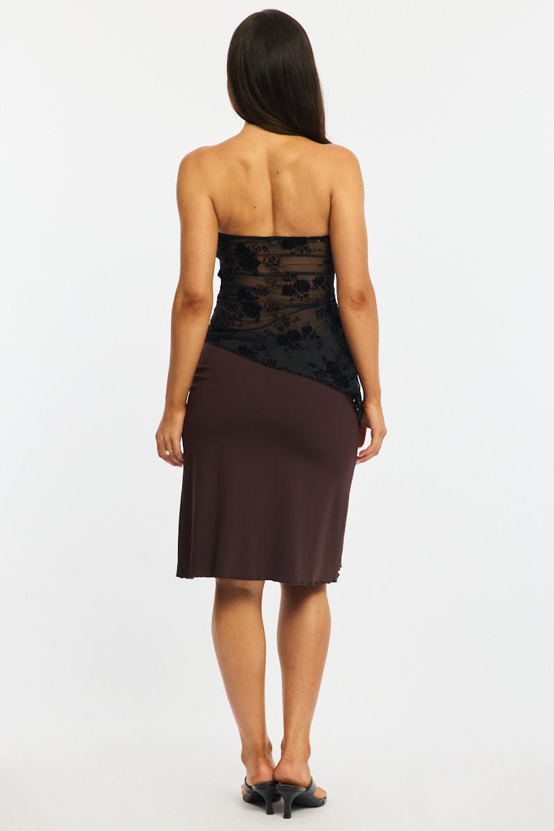 Brown Midi Skirt Mid Rise Lined for Ally Fashion