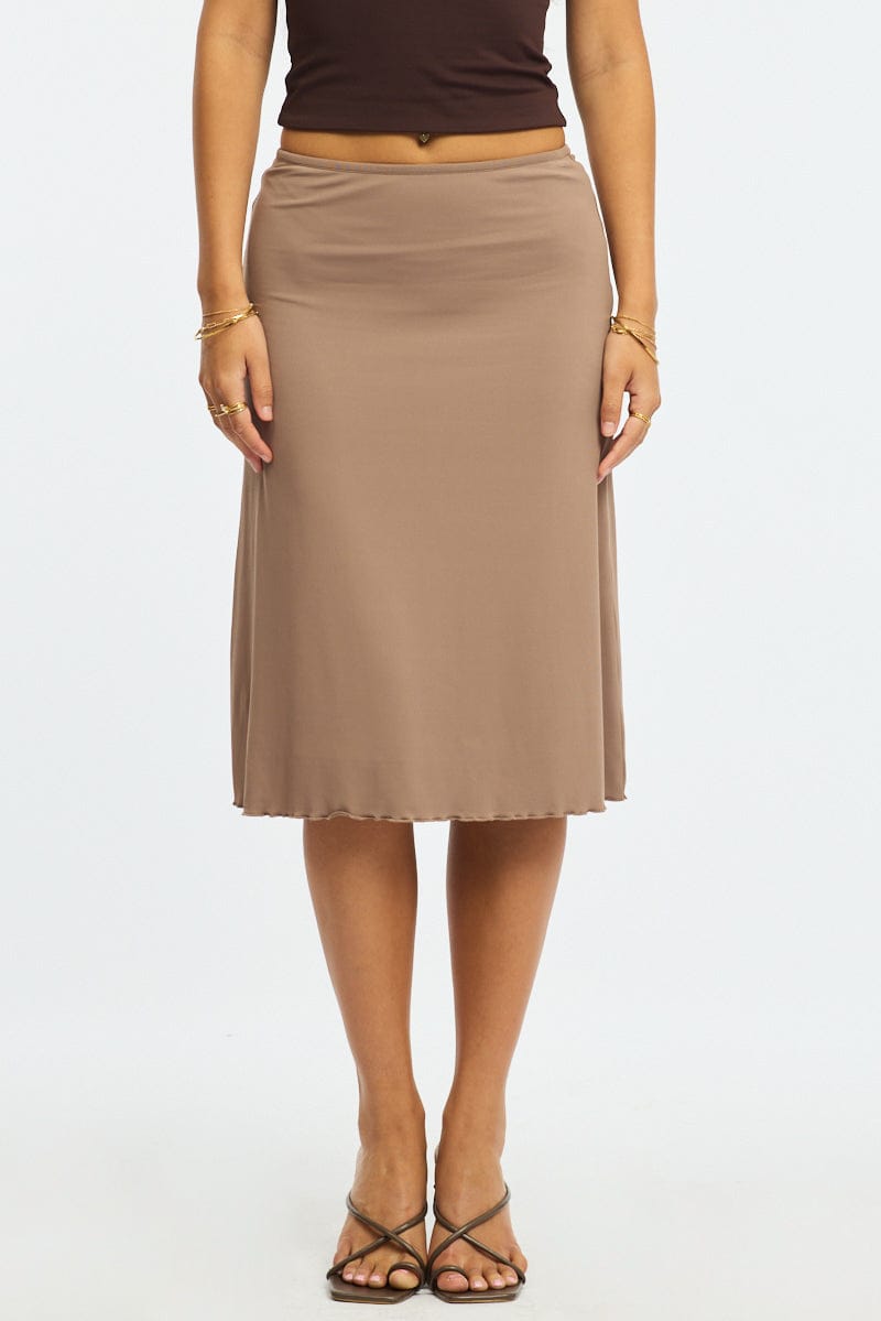 Brown Midi Skirt Mid Rise Lined for Ally Fashion