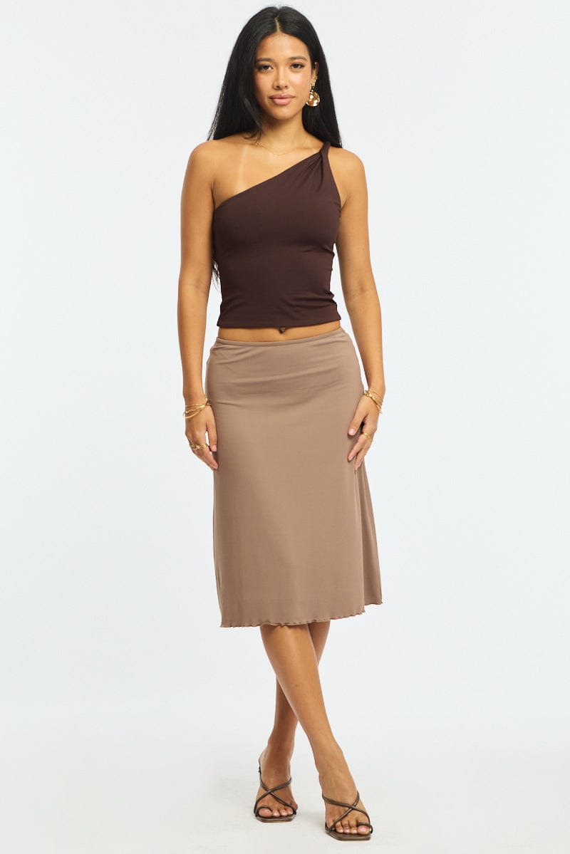 Brown Midi Skirt Mid Rise Lined for Ally Fashion