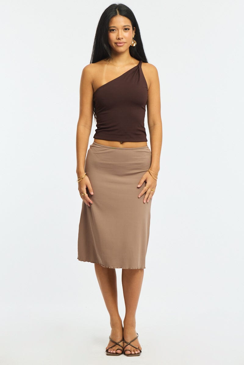 Brown Midi Skirt Mid Rise Lined for Ally Fashion