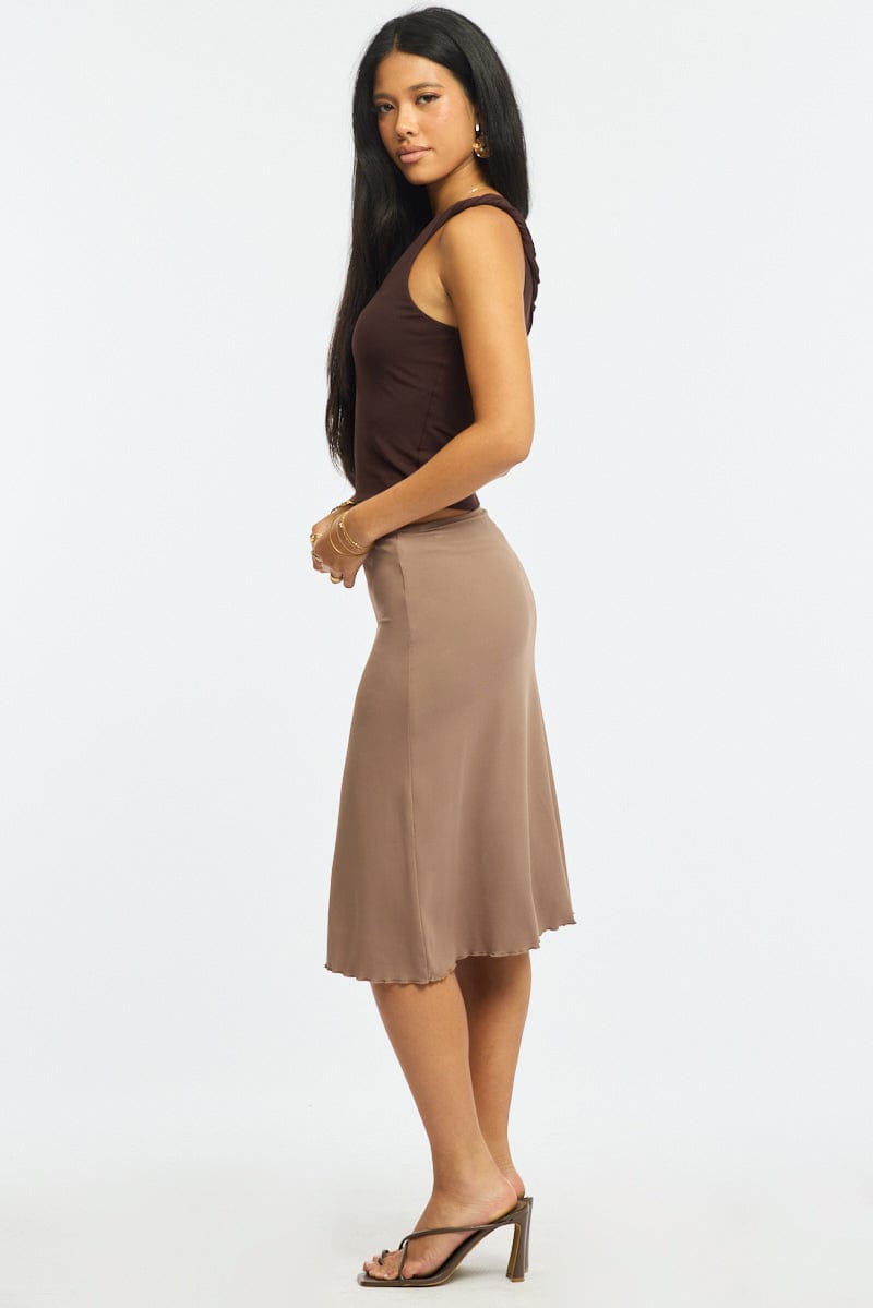 Brown Midi Skirt Mid Rise Lined for Ally Fashion