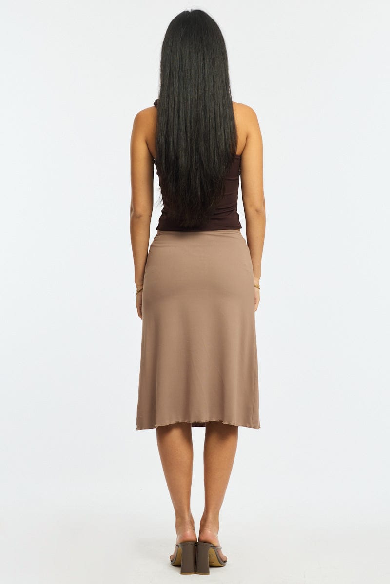 Brown Midi Skirt Mid Rise Lined for Ally Fashion