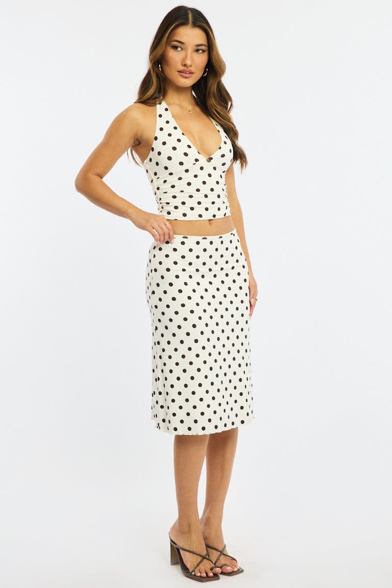 White Polka Dot Midi Skirt Mid Rise Lined for Ally Fashion