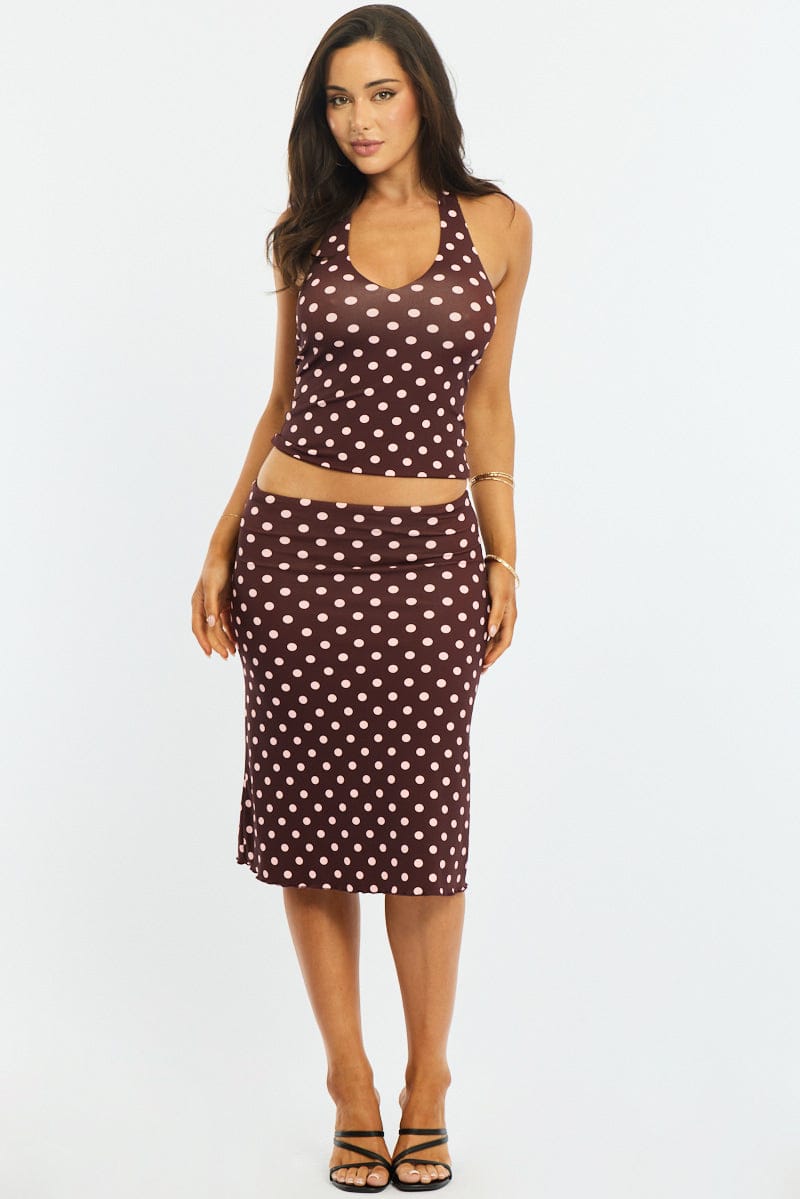 Brown Polka Dot Midi Skirt Mid Rise Lined for Ally Fashion