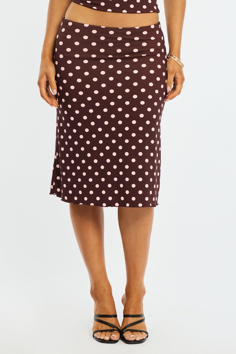 Brown Polka Dot Midi Skirt Mid Rise Lined for Ally Fashion