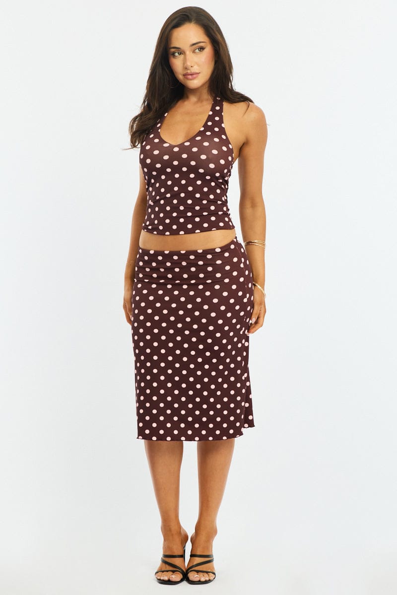 Brown Polka Dot Midi Skirt Mid Rise Lined for Ally Fashion