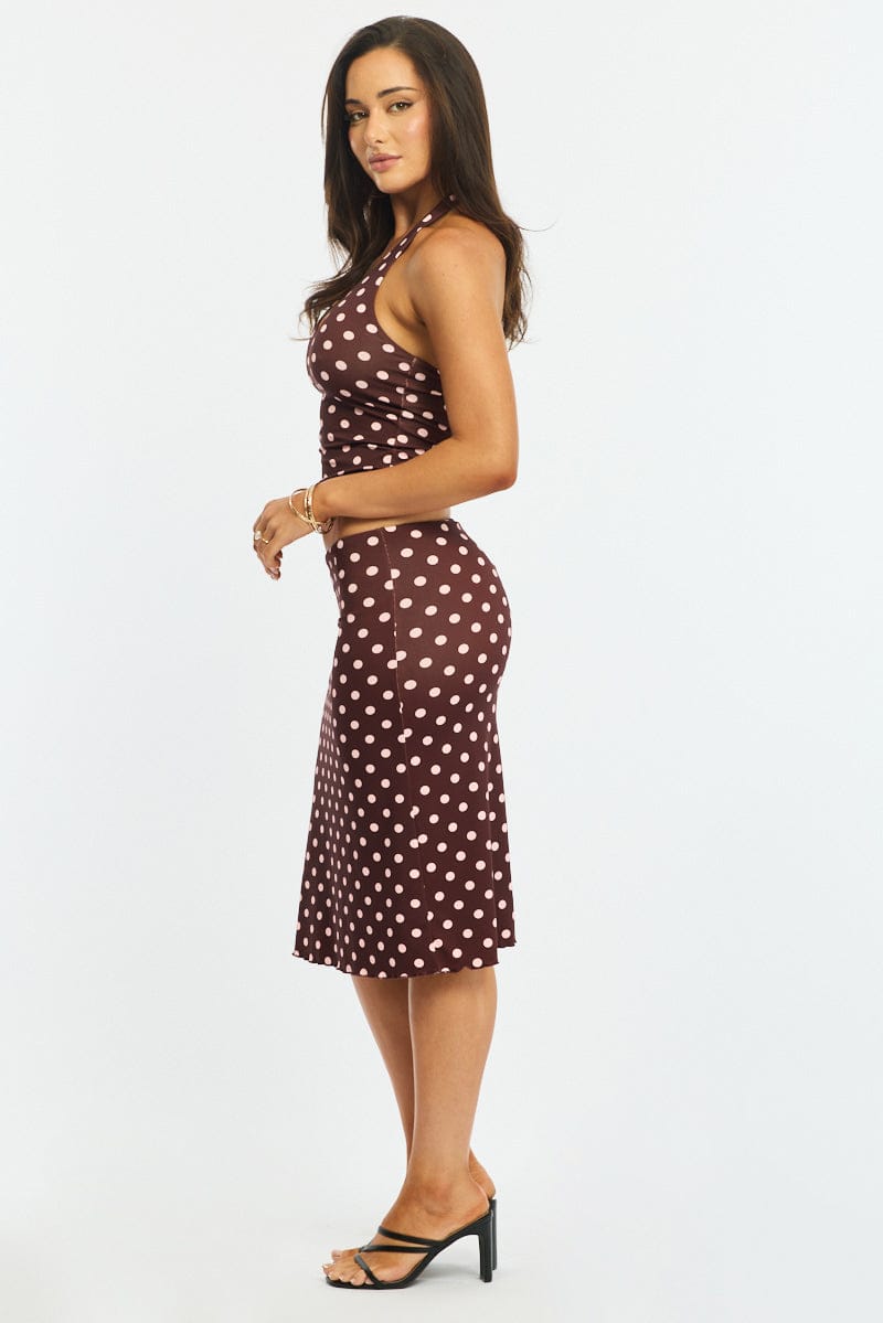 Brown Polka Dot Midi Skirt Mid Rise Lined for Ally Fashion