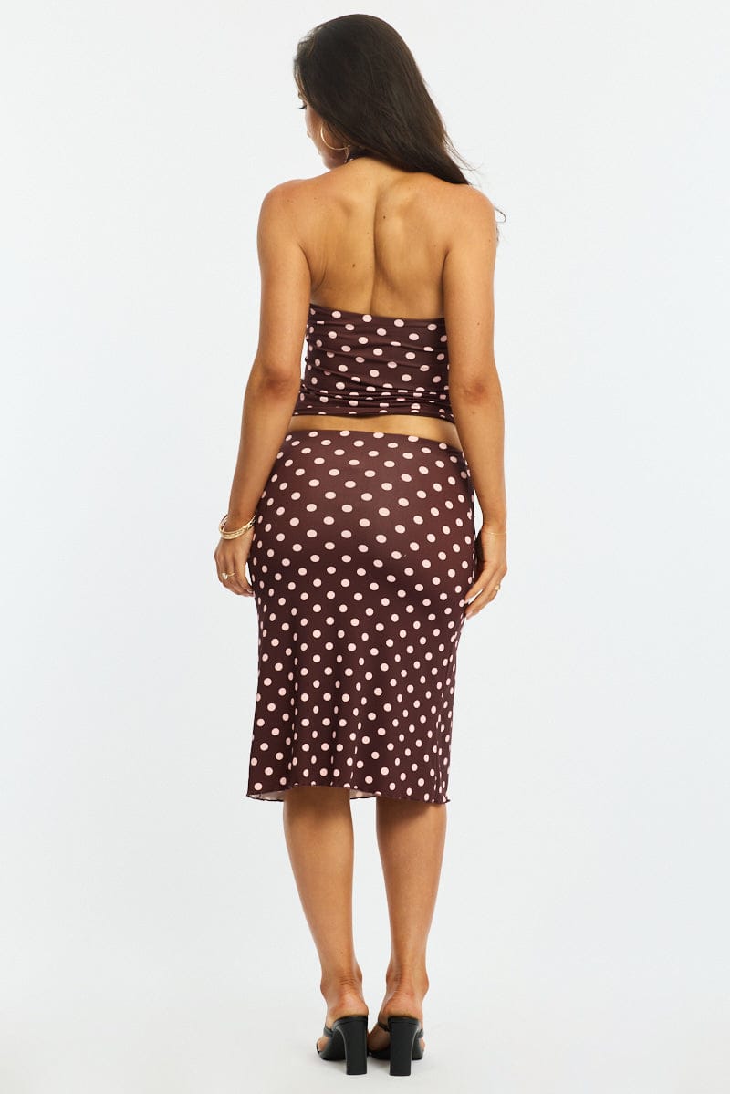 Brown Polka Dot Midi Skirt Mid Rise Lined for Ally Fashion
