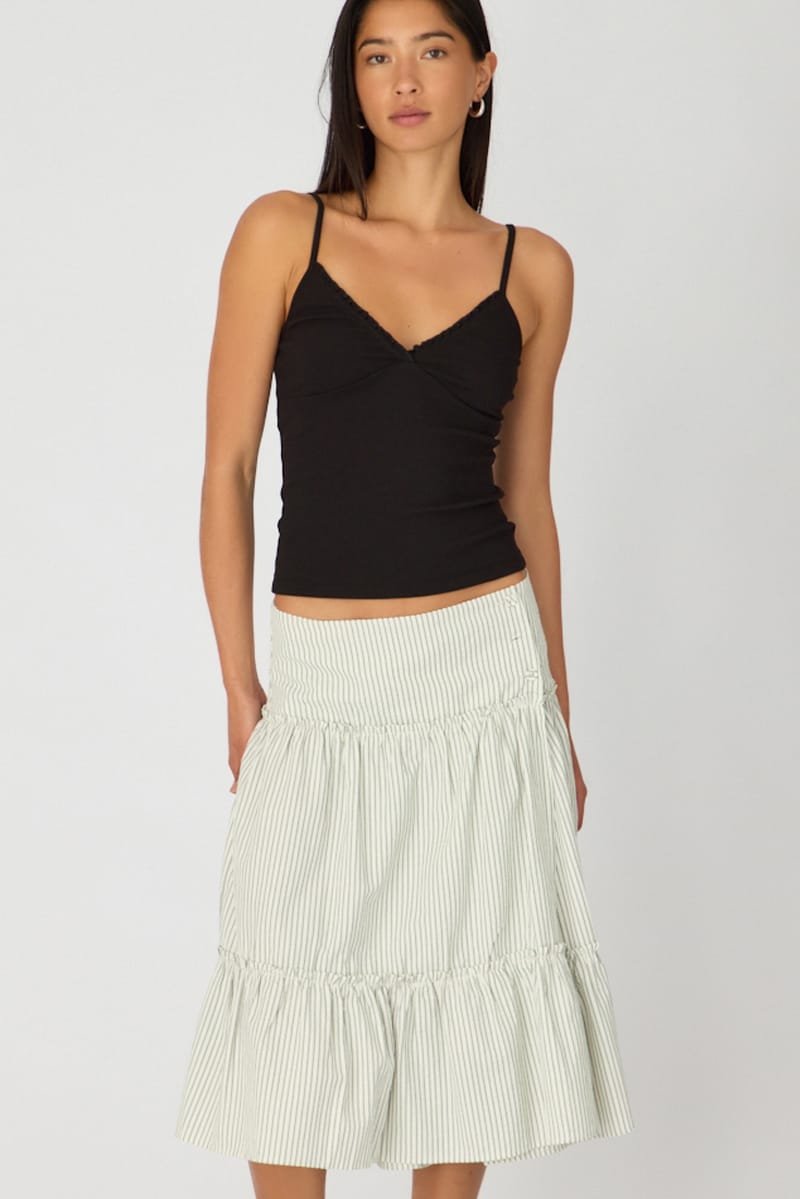 White Stripe Midi Skirt Low Rise Button Details Tiered for Ally Fashion