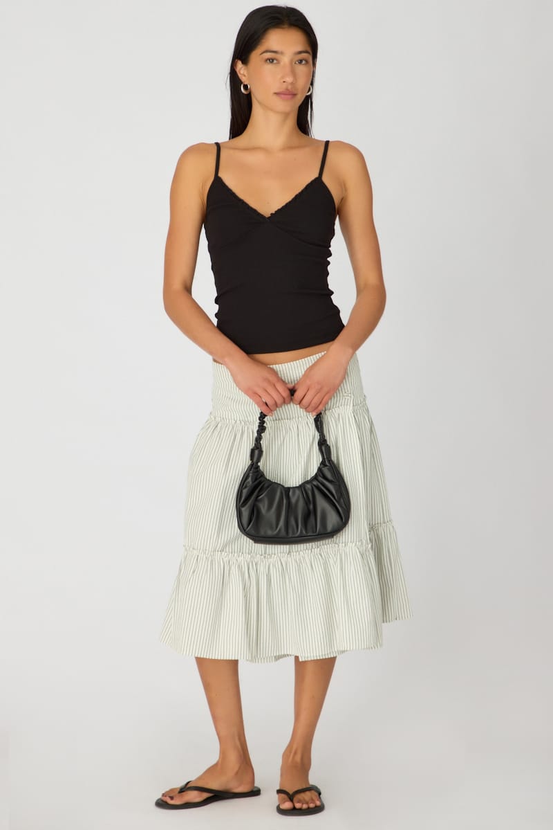White Stripe Midi Skirt Low Rise Button Details Tiered for Ally Fashion