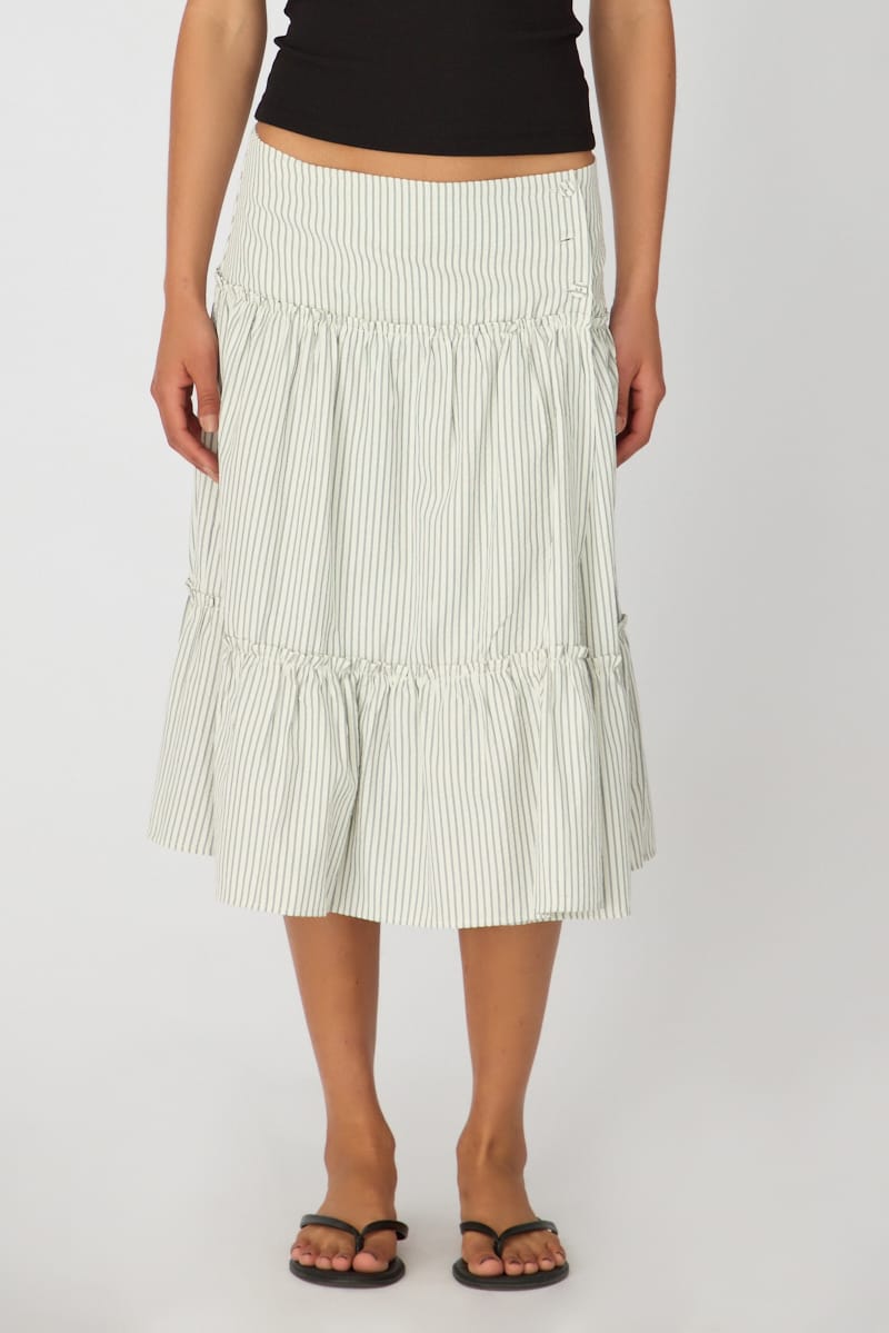 White Stripe Midi Skirt Low Rise Button Details Tiered for Ally Fashion
