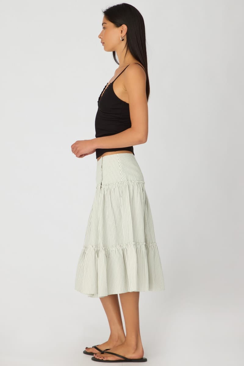 White Stripe Midi Skirt Low Rise Button Details Tiered for Ally Fashion