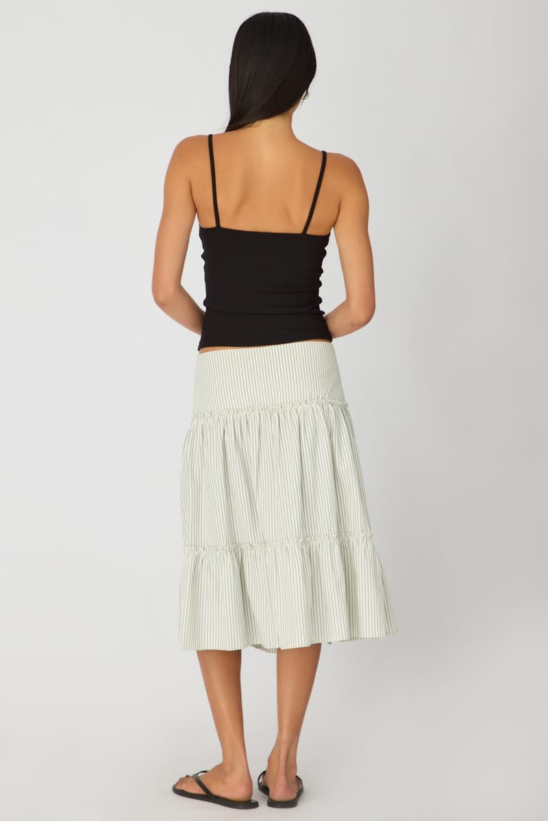 White Stripe Midi Skirt Low Rise Button Details Tiered for Ally Fashion