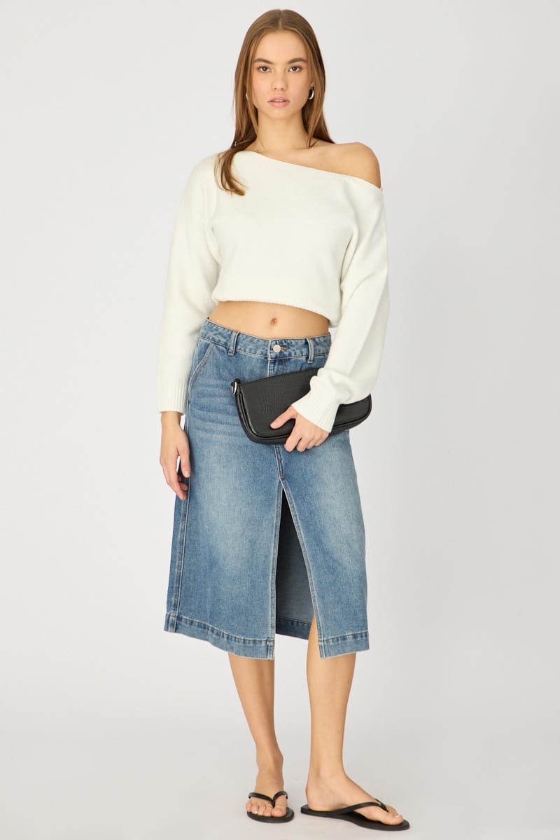 Denim Midi Skirt High Rise Knee Length Front Split for Ally Fashion