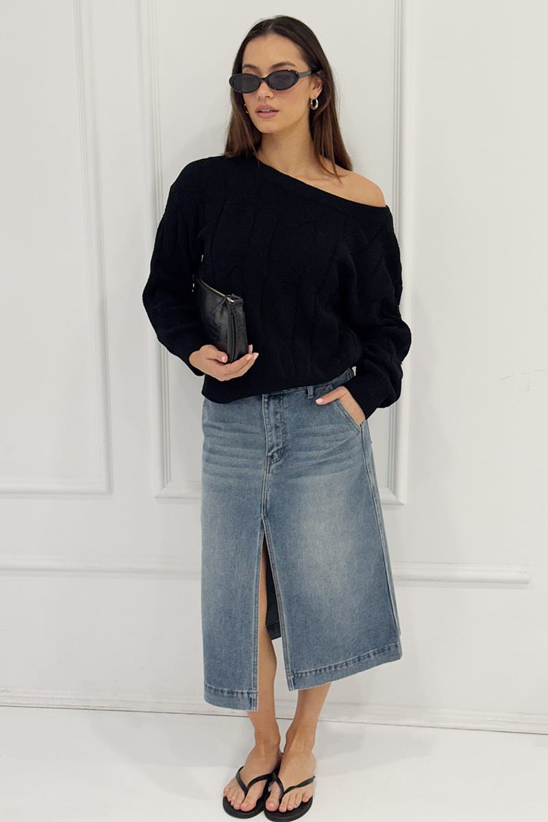 Denim Midi Skirt High-Rise Knee-Length Front-Split from Ally Fashion