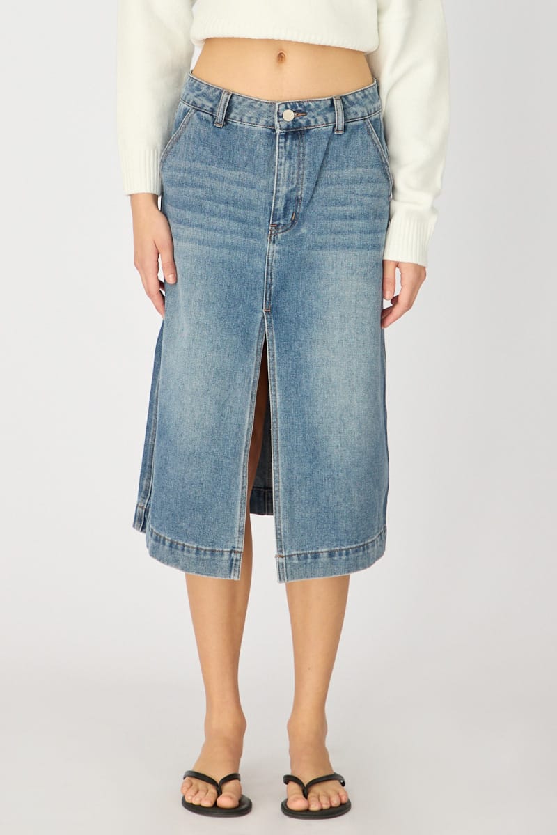 Denim Midi Skirt High Rise Knee Length Front Split for Ally Fashion