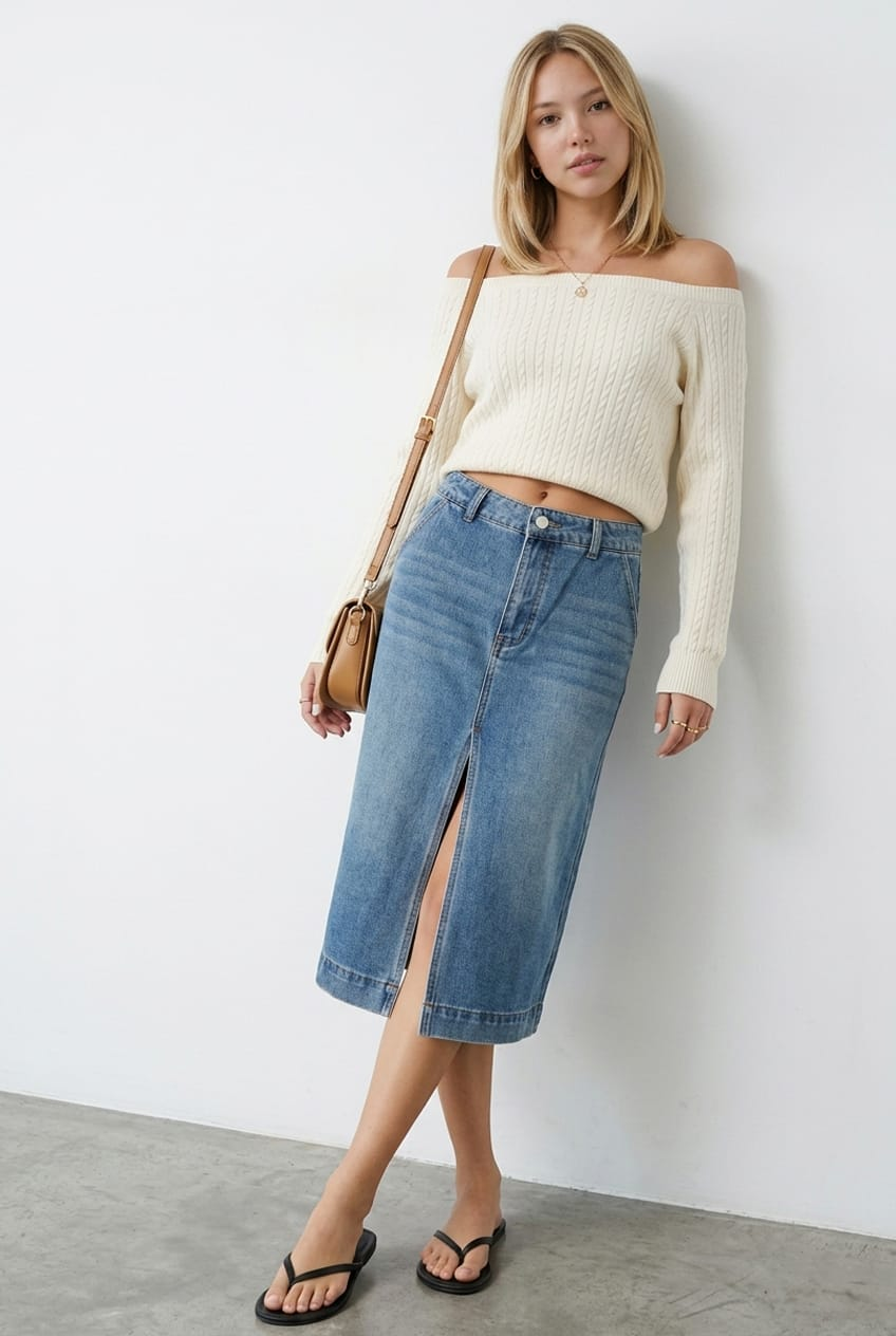 Denim Midi Skirt High Rise Knee Length Front Split for Ally Fashion