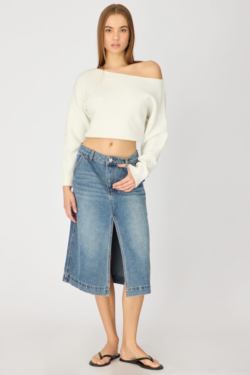 Denim Midi Skirt High Rise Knee Length Front Split for Ally Fashion