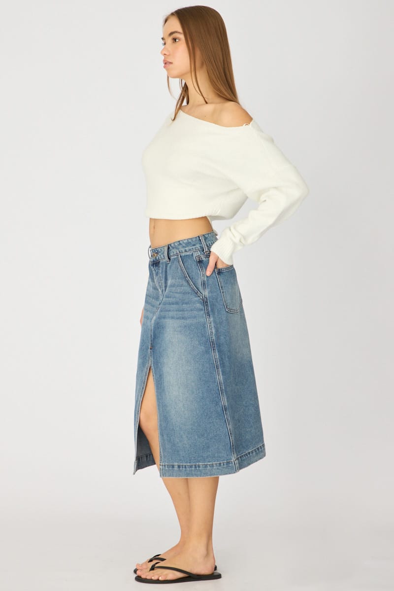 Denim Midi Skirt High Rise Knee Length Front Split for Ally Fashion