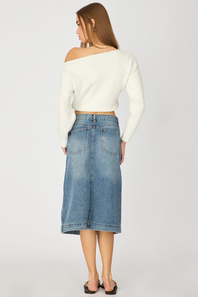 Denim Midi Skirt High Rise Knee Length Front Split for Ally Fashion