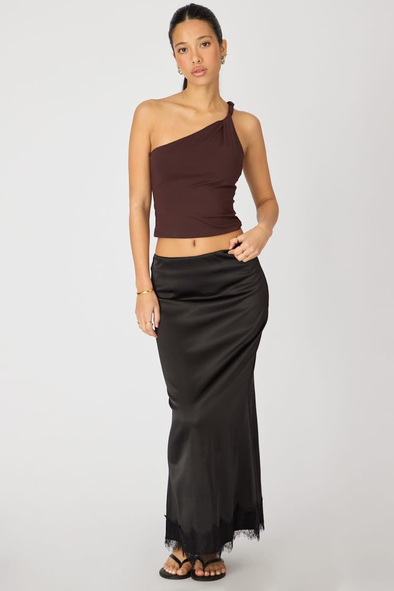 Black Satin Midaxi Skirt Elastic Waist Bias Cut Lined for Ally Fashion