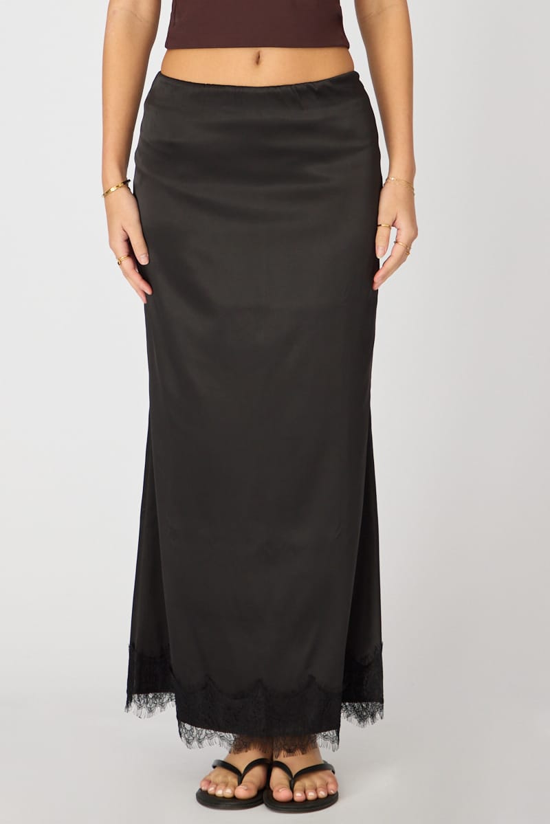 Black Satin Midaxi Skirt Elastic Waist Bias Cut Lined for Ally Fashion
