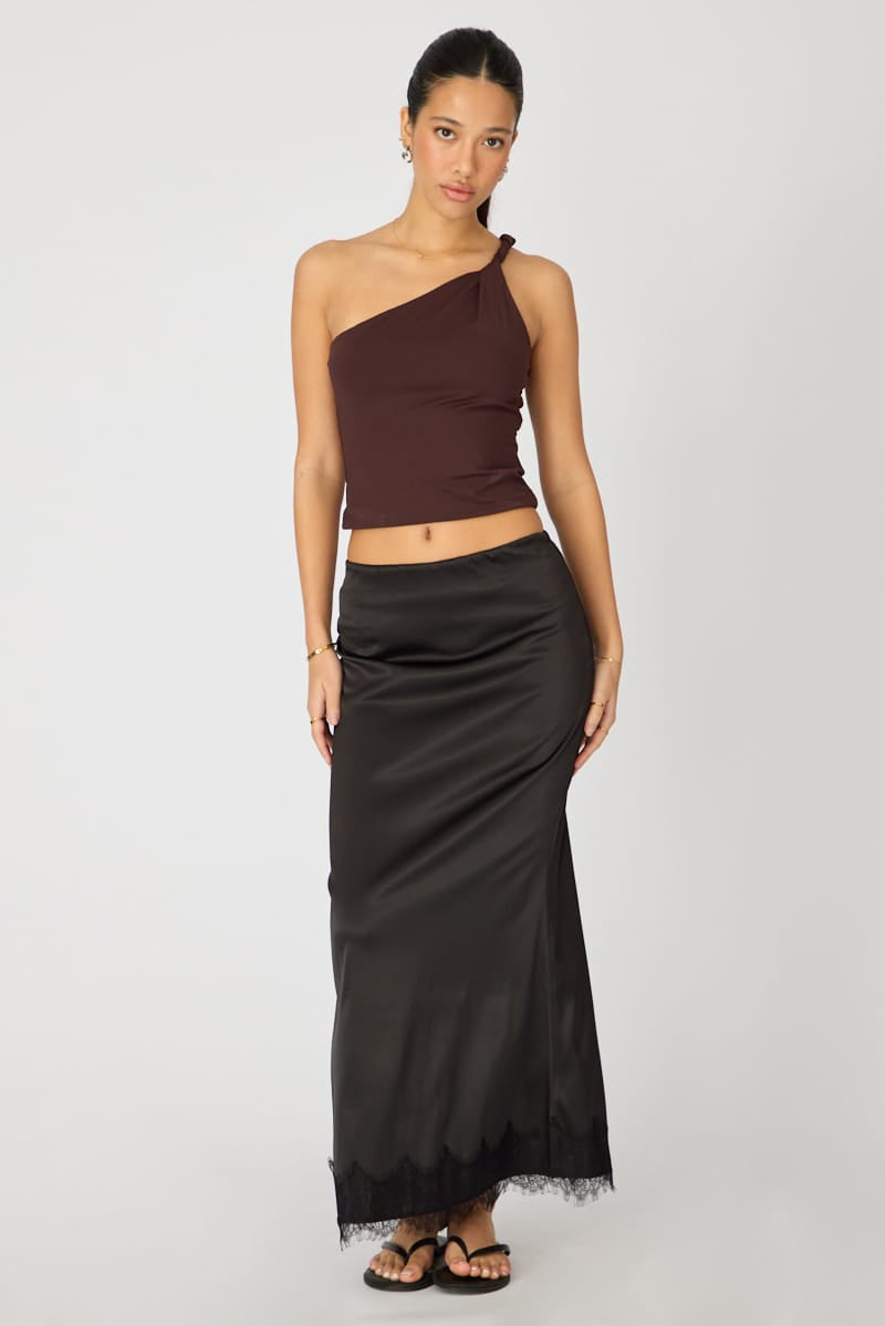 Black Satin Midaxi Skirt Elastic Waist Bias Cut Lined for Ally Fashion