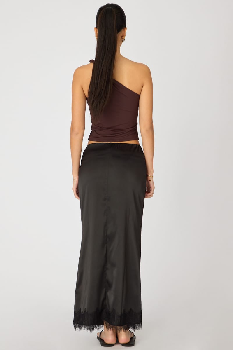 Black Satin Midaxi Skirt Elastic Waist Bias Cut Lined for Ally Fashion
