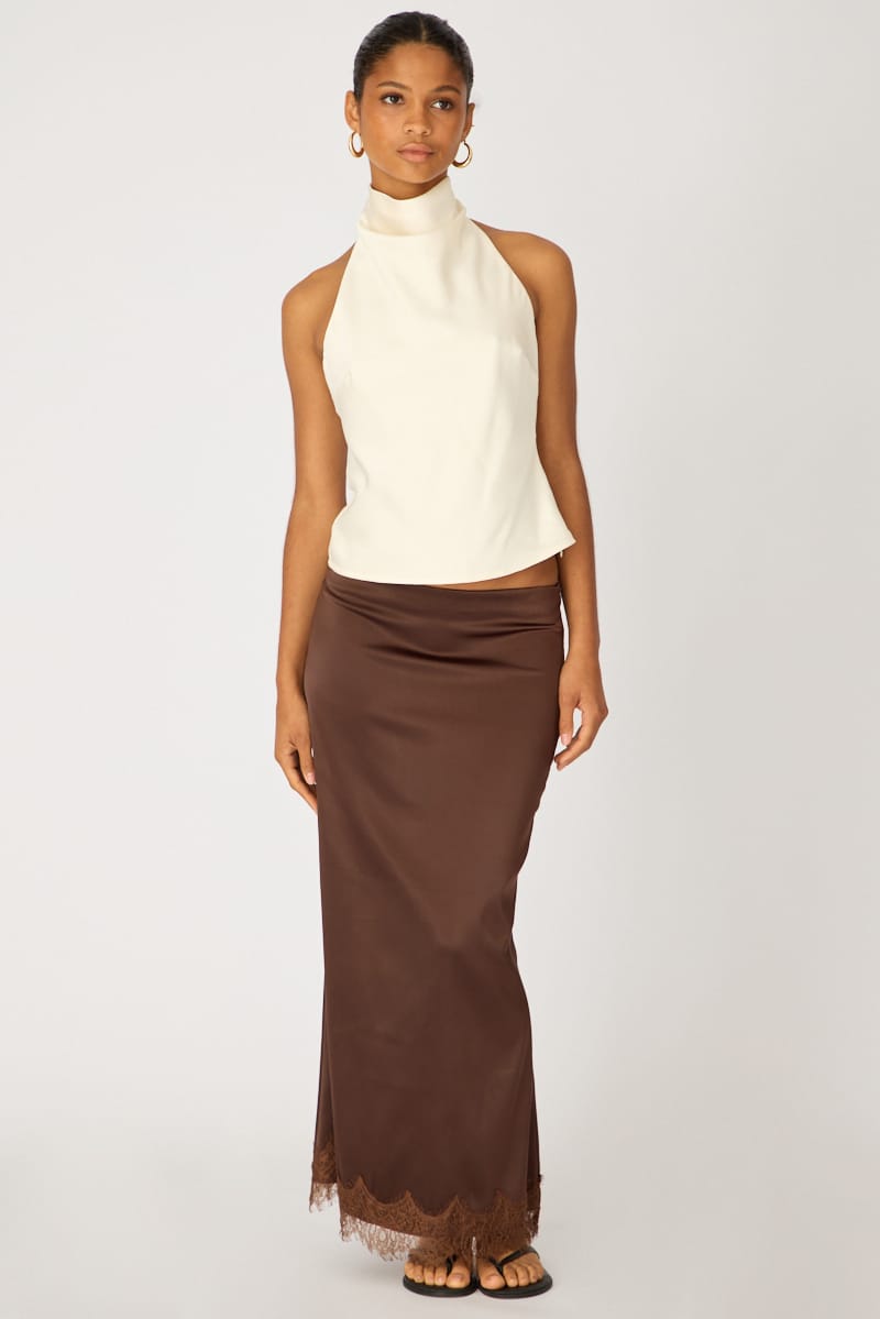 Brown Satin Midaxi Skirt Elastic Waist Bias Cut Lined for Ally Fashion