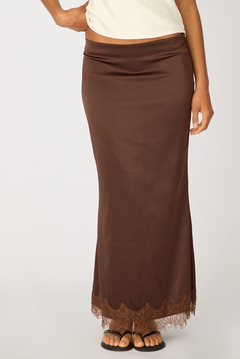 Brown Satin Midaxi Skirt Elastic Waist Bias Cut Lined for Ally Fashion