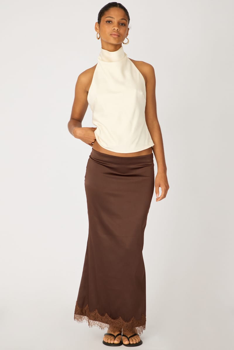 Brown Satin Midaxi Skirt Elastic Waist Bias Cut Lined for Ally Fashion