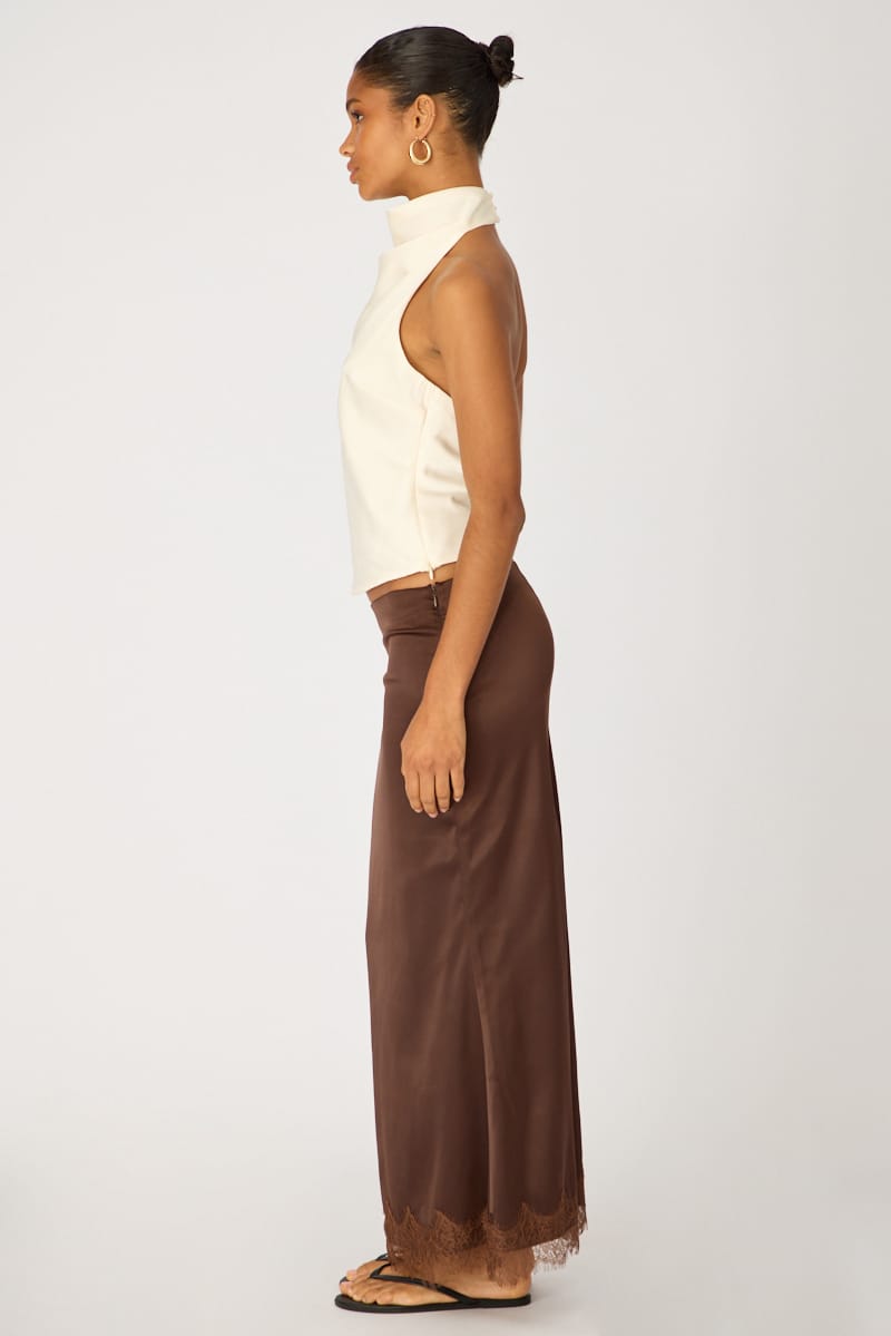 Brown Satin Midaxi Skirt Elastic Waist Bias Cut Lined for Ally Fashion