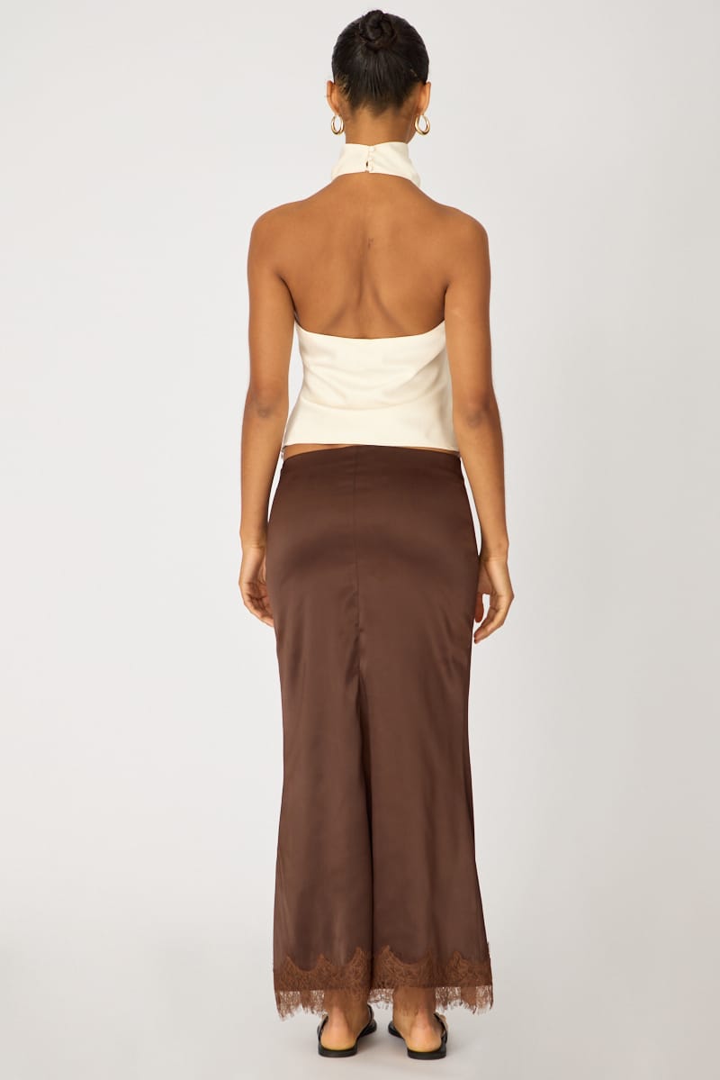 Brown Satin Midaxi Skirt Elastic Waist Bias Cut Lined for Ally Fashion