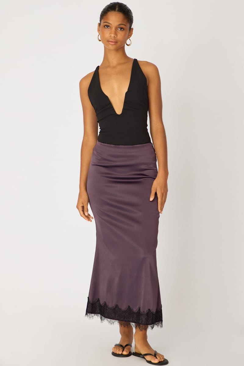 Purple Satin Midaxi Skirt Elastic Waist Bias Cut Lined for Ally Fashion