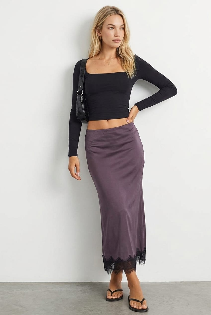 Purple Satin Midaxi Skirt Elastic Waist Bias Cut Lined for Ally Fashion