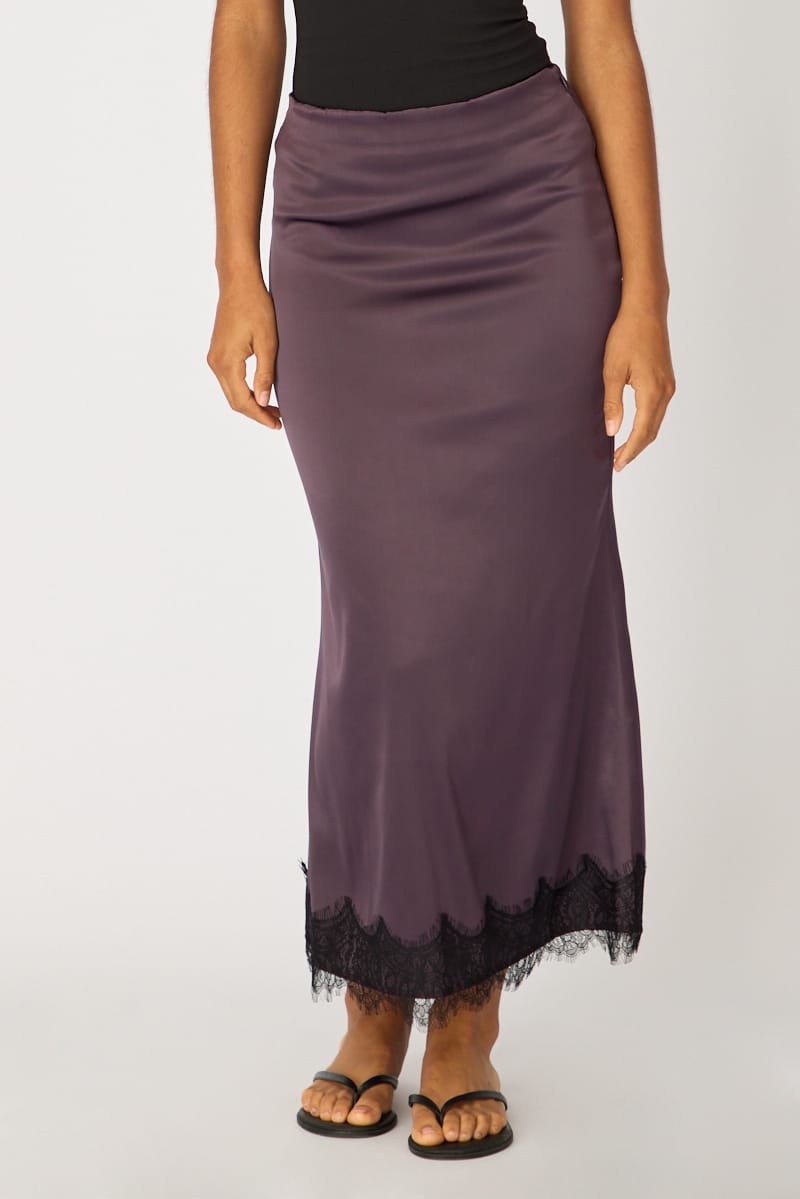 Purple Satin Midaxi Skirt Elastic Waist Bias Cut Lined for Ally Fashion