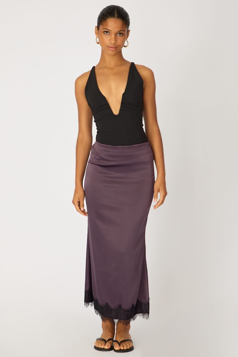 Purple Satin Midaxi Skirt Elastic Waist Bias Cut Lined for Ally Fashion