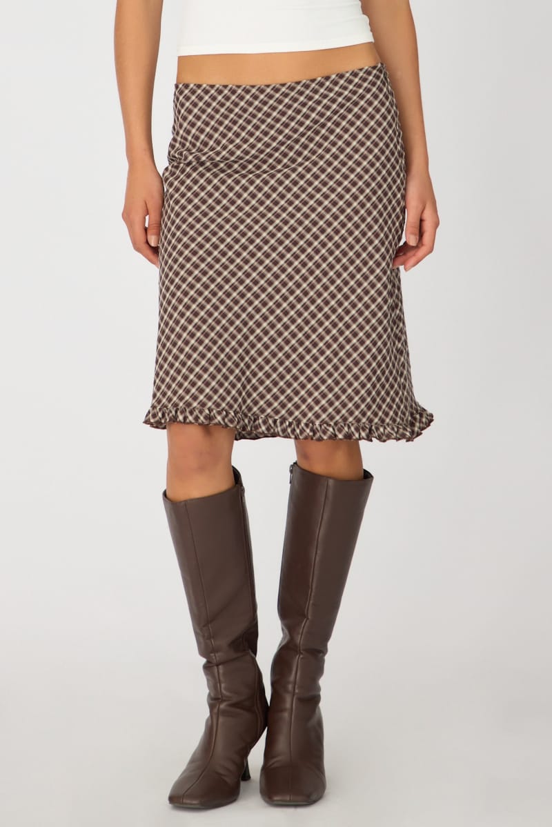 Brown Check Midi Skirt Mid Rise Ruffle Trim Lined for Ally Fashion
