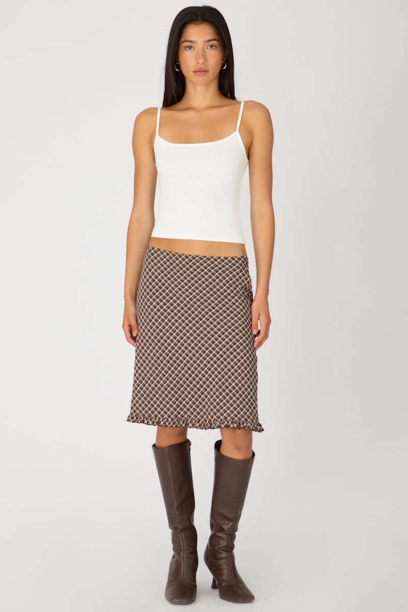 Brown Check Midi Skirt Mid Rise Ruffle Trim Lined for Ally Fashion